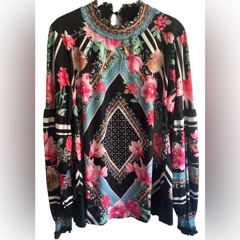 LADMOUS POLY SPANDEX BLEND FLORAL LONG SLEEVE BLOUSE
